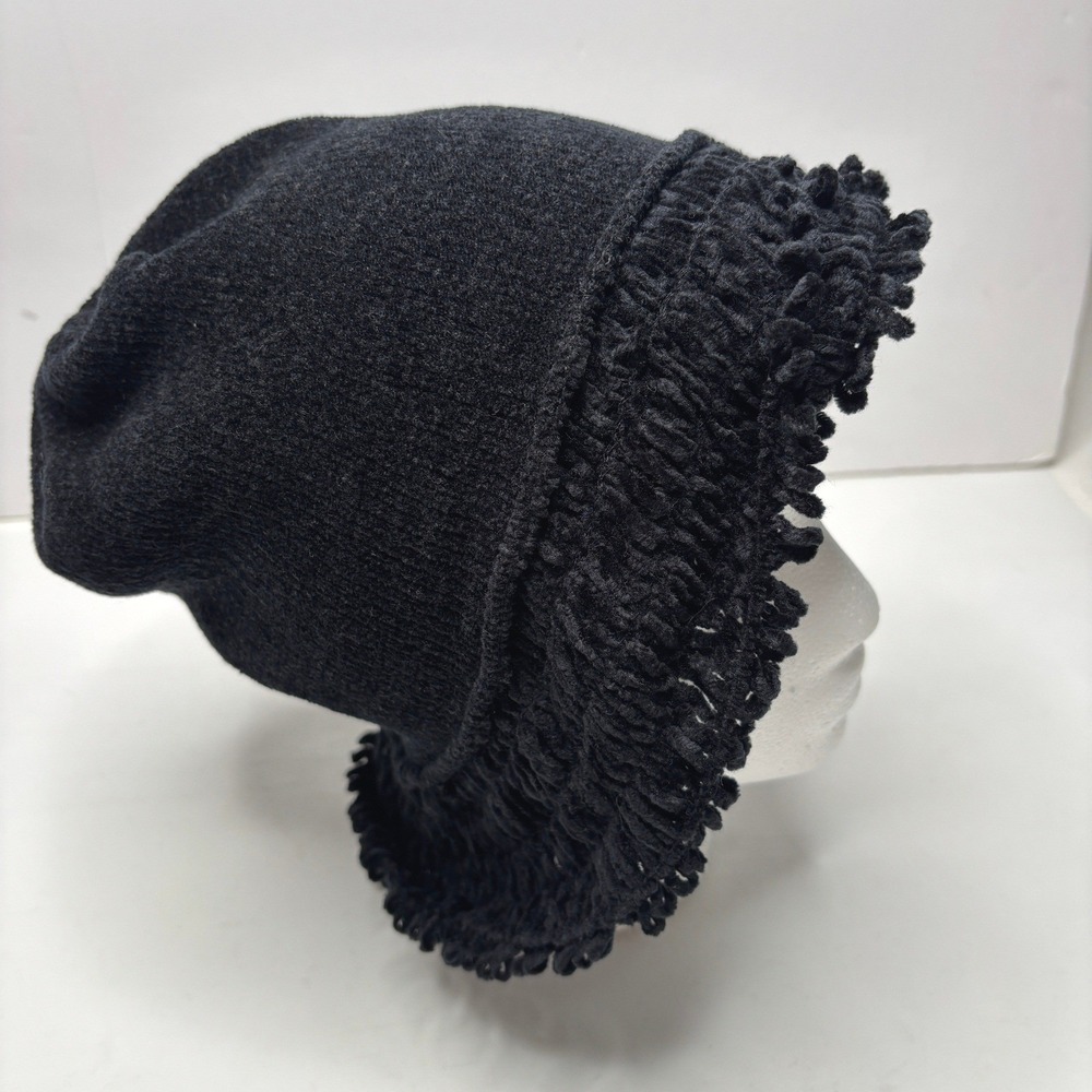 Black Textured Chenille Knit Beanie Hat‎ with Looped Fringe Trim Whimsigoth